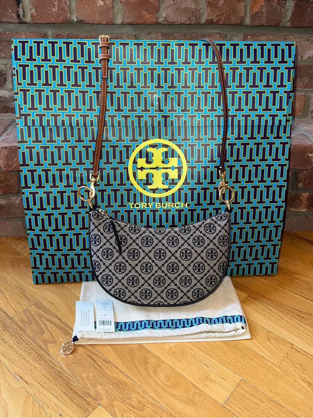 Tory Burch Navy Blue T Monogram Jacquard Mini Curved Hobo Bag